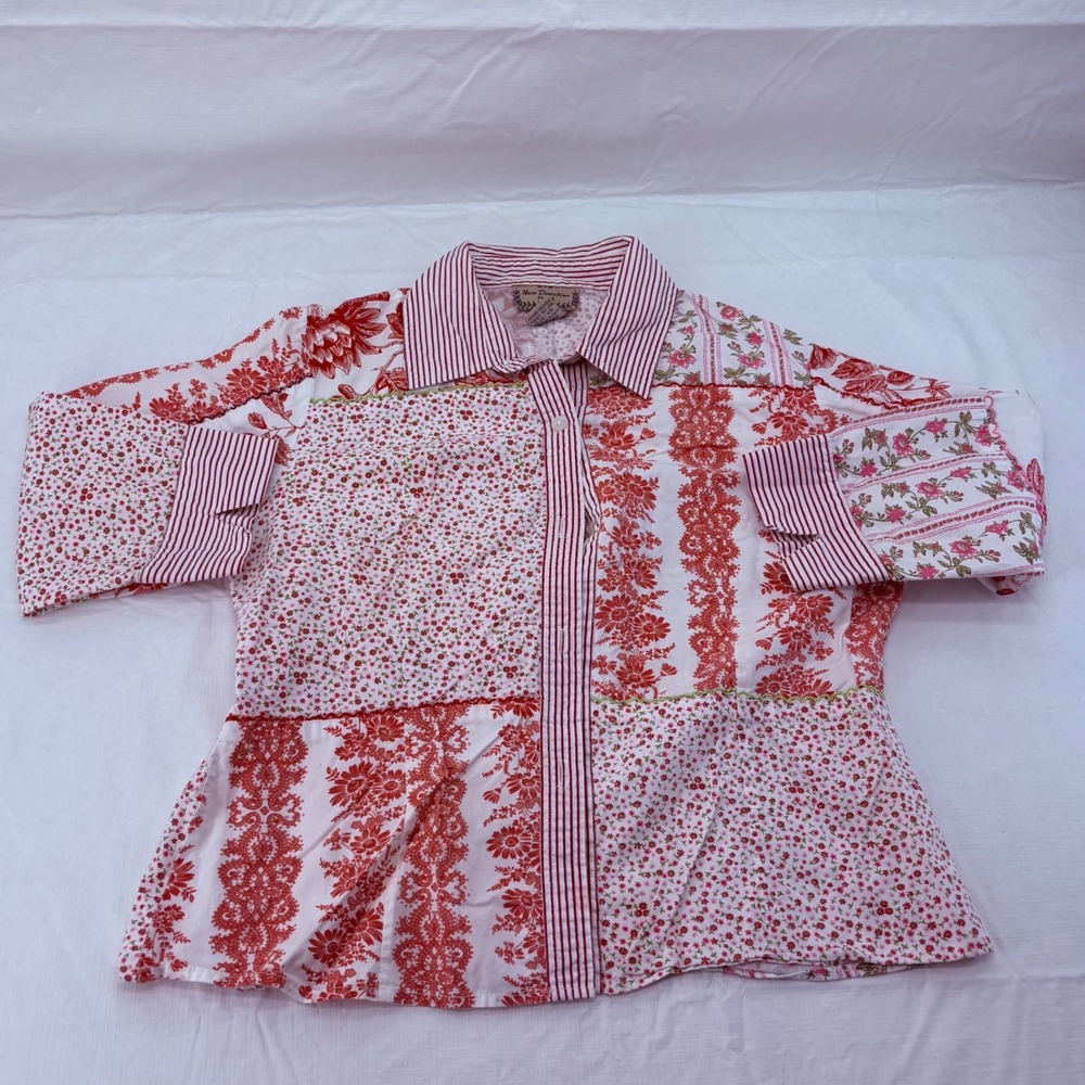 New Direction Petite Womens Red White Floral Patchwork Cotton Button Down Shirt